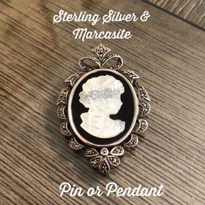 Vintage Sterling Silver, Marcasite, Onyx, & Mother of Pearl Cameo
